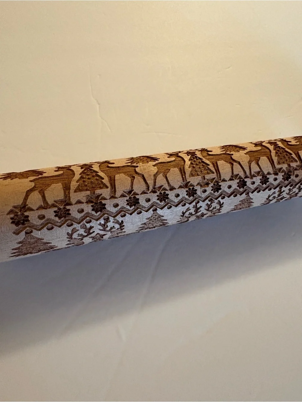 Unbranded Wood Rolling Pin with Carved Reindeer and Tree Pattern - Natural Wood